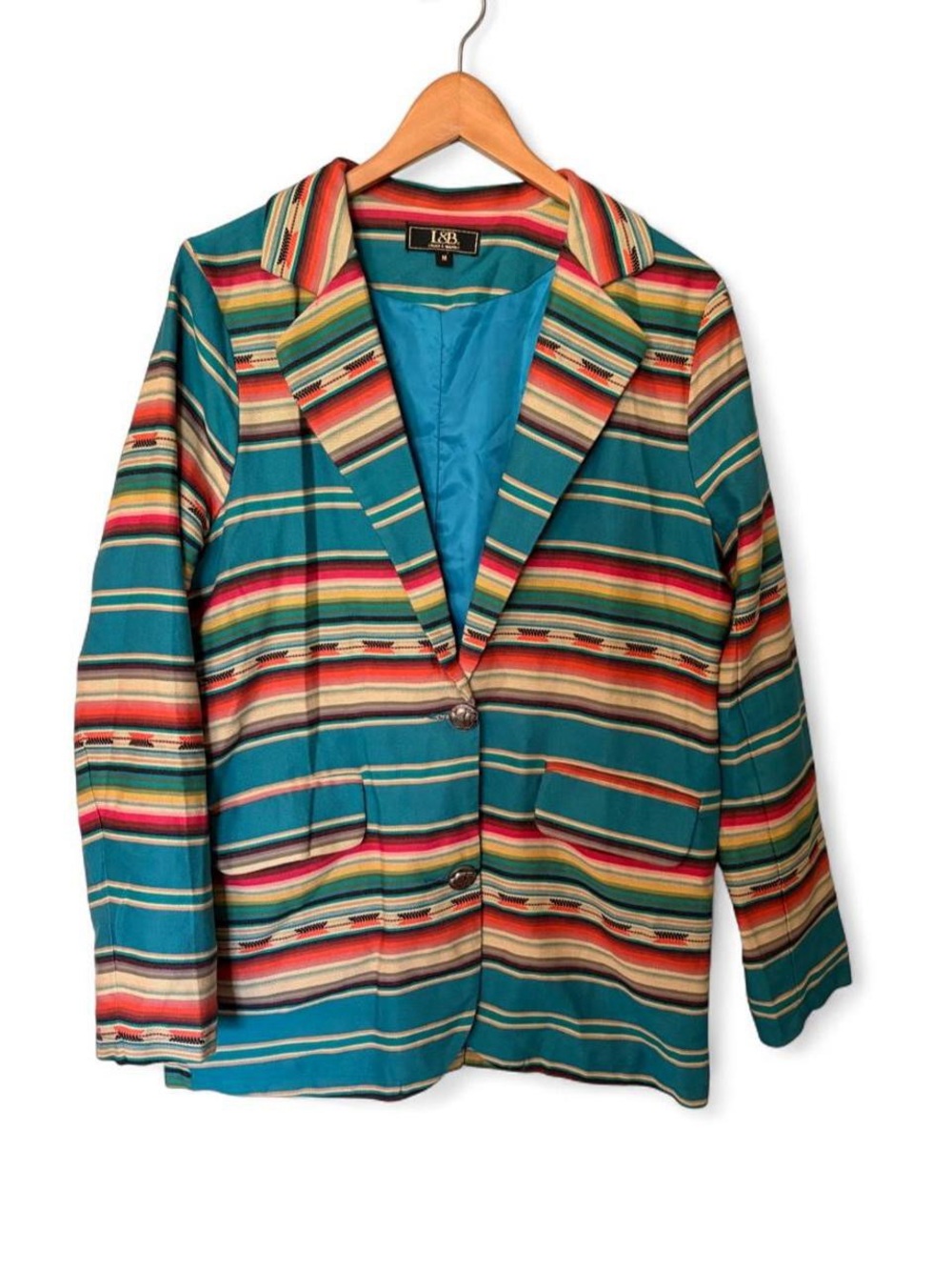 Lucky & Blessed serape southwestern multicolored striped blazer w buffalo nickle
